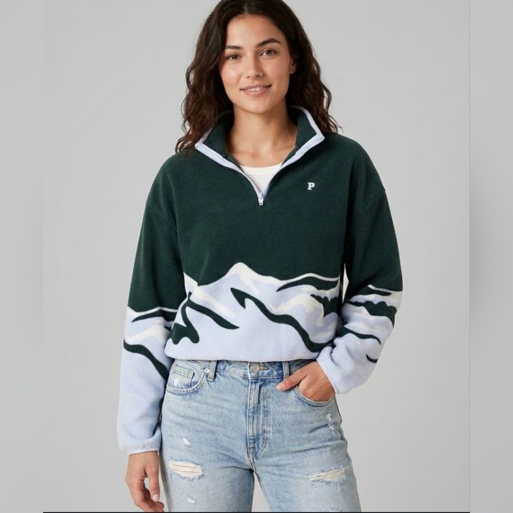 Victoria's Secret PINK Micro Fleece Half-Zip Jacket Aspen Green, Women's M EUC